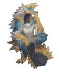  absurd_res ambiguous_gender anthro capcom fanged_wyvern green_eyes hi_res horn monster_hunter pecs simple_background sitting solo tongue tongue_out wiosvikulan zinogre 