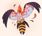  ambiguous_gender black_body black_feathers black_wings bloominglynx feathers feral generation_6_pokemon grey_body grey_feathers grey_wings looking_at_viewer narrowed_eyes nintendo pokemon pokemon_(species) red_body red_feathers simple_background solo talonflame wings 
