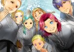  2boys 5girls :d blonde_hair blue_eyes blue_hair braid brown_hair delia_(honzuki_no_gekokujou) fran_(honzuki_no_gekokujou) gil_(honzuki_no_gekokujou) green_hair grey_robe hand_up harspiel holding holding_instrument honzuki_no_gekokujou indoors instrument leaning_forward long_sleeves looking_at_viewer monika_(honzuki_no_gekokujou) multiple_boys multiple_girls nicola_(honzuki_no_gekokujou) purple_eyes red_hair robe rosina_(honzuki_no_gekokujou) seion_sakura smile sunlight twin_braids wilma_(honzuki_no_gekukujou) 