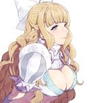  1girl 91007 artist_name blonde_hair blue_eyes blunt_bangs bow breasts charlotte_(fire_emblem) cleavage fire_emblem fire_emblem_fates hair_bow highres long_hair medium_breasts solo spikes twitter_username wavy_hair white_bow 