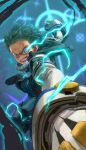  1boy absurdres belt blue_background bodysuit boku_no_hero_academia clenched_hand clenched_teeth elbow_gloves freckles glaring gloves green_bodysuit green_eyes green_hair highres hood hood_down hooded_bodysuit male_focus midoriya_izuku red_footwear revision short_hair solo spiked_hair star_(symbol) teeth white_gloves yomoyama_yotabanashi 