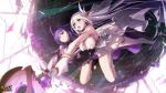  2girls bare_legs bare_shoulders barefoot benghuai_xueyuan blue_eyes bracelet breast_curtains breasts copyright_name gloves hair_ornament highres holding holding_staff honkai_(series) jewelry kiana_kaslana long_hair multiple_girls official_art open_mouth purple_eyes purple_hair raiden_mei second-party_source staff thigh_strap white_hair 