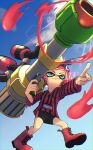  bandana bike_shorts black_shirt blue_sky boots cloud commentary_request green_eyes highres holding holding_weapon inkling inkling_girl nastar_r0 pointing red_footwear red_hair red_shirt rubber_boots shirt short_hair sky smirk splatoon_(series) splatoon_3 striped striped_shirt sunlight trizooka_(splatoon) weapon 