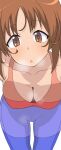  1girl bad_id bad_twitter_id breasts brown_eyes brown_hair cleavage collarbone downblouse girls_und_panzer heavy_breathing henyaan_(oreizm) highres large_breasts leaning_forward looking_at_viewer nishizumi_miho pants parted_lips short_hair simple_background solo sports_bra sweat white_background yoga_pants 