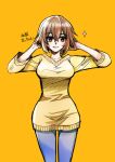  1girl alternate_costume blush breasts brown_eyes brown_hair casual character_name denim hair_between_eyes hands_in_own_hair kagesaki_yuna kantai_collection looking_at_viewer medium_breasts mutsu_(kancolle) orange_background pants short_hair simple_background solo sparkle sweater yellow_sweater 