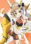  1girl bodysuit breasts brown_hair fighting_stance highres keeemu_(gouf2016) looking_at_viewer medium_breasts midriff navel orange_bodysuit orange_eyes senki_zesshou_symphogear short_hair solo symphogear_pendant tachibana_hibiki_(symphogear) 