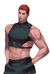  1boy abs bara black_pants black_shirt closed_mouth cropped_shirt fatcat large_pectorals male_focus muscular muscular_male navel pants pectorals red_hair sakuragi_hanamichi shirt short_hair simple_background slam_dunk_(series) solo white_background 