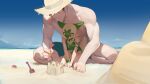  1boy 1girl beach breasts cleavage day flag furry furry_female green_one-piece_swimsuit hat indian_style kneeling ocean one-piece_swimsuit outdoors poke_ball pokemon red_eyes sand sand_castle sand_sculpture shovel sitting size_difference smewed sprigatito straw_hat swimsuit white_fur 