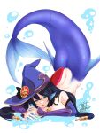  1girl ass black_hair breasts detached_sleeves fins full_body genshin_impact green_eyes hat head_fins kirisaki_byakko long_hair mermaid mona_(genshin_impact) monster_girl open_mouth purple_headwear purple_sleeves signature simple_background solo sweat twintails white_background witch_hat 