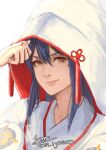  1girl artist_name blue_hair brown_eyes closed_mouth cm_lynarc fire_emblem fire_emblem_fates fire_emblem_heroes hair_between_eyes highres hood hood_up japanese_clothes kimono looking_at_viewer oboro_(bridal)_(fire_emblem) oboro_(fire_emblem) signature smile solo uchikake upper_body white_background 
