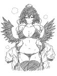  1girl bikini breasts cleavage closed_mouth fumomono greyscale groin hat highres large_breasts looking_at_viewer monochrome navel shameimaru_aya simple_background smile solo sweat swimsuit thighhighs tokin_hat touhou wings 