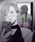  1girl artist_name back_tattoo bare_shoulders cyberpunk_(series) cyborg green_eyes halterneck highres holding holding_phone koyorin long_hair looking_at_phone mechanical_arms mirror multiple_reflections phone pink_pupils reflection single_mechanical_arm solo spot_color taking_picture tattoo 