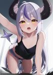  1girl ahoge ai-assisted all_fours alternate_costume arm_support armpits ass_visible_through_thighs bare_legs barefoot black_camisole black_panties blush breasts camisole collarbone commentary create8 demon_horns foot_out_of_frame grey_hair grey_shorts hair_between_eyes highres hololive horns la+_darknesss long_hair looking_at_viewer midriff multicolored_hair navel open_mouth outstretched_arm panties panty_peek pointy_ears purple_hair short_shorts shorts small_breasts solo striped_horns teeth two-tone_hair underwear upper_teeth_only very_long_hair virtual_youtuber yellow_eyes 