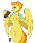 after_exercise areola bodily_fluids bottle breasts container equid equine female friendship_is_magic fur genitals hair hasbro mammal multicolored_hair my_little_pony nipples orange_hair pegasus pussy redxbacon smile spitfire_(mlp) sweat towel two_tone_hair water_bottle wings wonderbolts_(mlp) yellow_body yellow_fur 