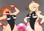  armband big_breasts bodily_fluids bracelet breasts chain_chomp choker clothed clothing english_text female fupoo group hair hair_over_eye human jewelry laugh leotard mammal mario_bros mario_party_superstars navel necklace nintendo not_furry one_eye_obstructed princess_daisy rosalina_(mario) simple_background size_difference smaller_female spiked_armband spiked_bracelet spiked_choker spikes super_mario_galaxy sweat sweatdrop text toad_(mario) toadette trio 