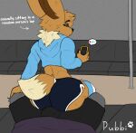  absurd_res anthro big_butt bottomwear brown_body brown_fur bubble_butt bulge butt canid canine canis clothed clothing digital_media_(artwork) domestic_dog duo eevee eeveelution erection fox fur generation_1_pokemon hi_res hoodie hotpants legwear male male/male mammal nintendo on_phone phone pokemon pokemon_(species) pubbipaws shorts simple_background text thick_thighs thigh_highs topwear wide_hips 