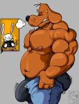  2023 absurd_res anthro barazoku belly biceps big_belly big_bulge big_butt big_muscles big_pecs blush bodily_fluids bottomwear bottomwear_pull breath bulge butt canid canine canis clenched_teeth clothed clothing clothing_pull dagger deltoids denim denim_clothing dialogue_box dogmanart domestic_dog dot_eyes duo eyes_closed fingerless_gloves fur gloves grey_background handwear hi_res huge_bulge huge_muscles jeans lagomorph male mammal map max_(sam_and_max) melee_weapon meme motion_lines musclegut muscular muscular_anthro muscular_male navel nipples offscreen_character pants pants_pull pecs pictographics sam_and_max samuel_dog shirt simple_background smile solo_focus standing sweat sweatdrop teeth thick_thighs tight_pants_(meme) topless topless_anthro topless_male topwear tuft underwear watermark weapon 