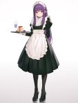  1girl 95--- alternate_costume apron black_dress blunt_bangs cut_bangs dress fern_(sousou_no_frieren) frilled_apron frills high_heels highres light_smile long_hair looking_at_viewer maid maid_apron maid_headdress puffy_sleeves purple_eyes purple_hair sidelocks smile sousou_no_frieren straight_hair tray waist_apron white_apron wrist_cuffs 