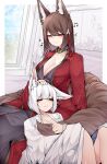  2girls absurdres amagi_(azur_lane) animal_ears azur_lane blush breasts brown_hair cleavage closed_eyes eyeshadow facing_viewer fox_ears fox_girl fox_tail hair_between_eyes hand_on_another&#039;s_head hand_on_own_chest headpat highres holding_another&#039;s_tail hugging_another&#039;s_tail hugging_tail indoors japanese_clothes kaga_(azur_lane) kimono kitsune knees_up large_breasts leaning_on_person long_hair looking_at_another looking_down makeup medium_hair multiple_girls multiple_tails musical_note print_kimono purple_eyes red_eyeshadow red_kimono relaxing samip slit_pupils smile tail very_long_hair white_hair white_kimono 