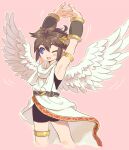  1boy angel angel_wings armband armlet blue_eyes brown_hair cowboy_shot feathered_wings kid_icarus kid_icarus_uprising laurel_crown male_focus motion_lines nopepe one_eye_closed open_mouth pink_background pit_(kid_icarus) simple_background solo stretching white_wings wings 