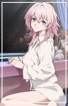  1girl blue_eyes highres honkai:_star_rail honkai_(series) indoors linreplica long_hair long_sleeves looking_at_viewer march_7th_(honkai:_star_rail) no_pants pink_hair purple_eyes shirt sitting smile solo space thighs two-tone_eyes wariza white_shirt 