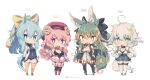  4girls :d ahoge animal_ear_fluff animal_ears black_bow blue_eyes blue_hair bow breasts chibi cleavage commentary_request curled_horns curly_hair full_body green_eyes green_hair hair_bow hat horns kuromiya kuromiya_raika kuzakura_mika large_breasts looking_at_viewer low_twintails multicolored_hair multiple_girls open_mouth orange_hair orange_thighhighs original pink_hair purple_eyes red_headwear sheep_girl sheep_horns shiromiya_asuka simple_background smile souma_ren standing tail thighhighs twintails two-tone_hair white_background white_hair yellow_bow 