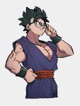  1boy black_hair closed_mouth collarbone dragon_ball dragon_ball_super dragon_ball_super_super_hero glasses grey_background kemachiku looking_away male_focus muscular muscular_male short_hair simple_background smile solo son_gohan 