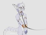  2022 anthro armor arms_tied black_chain bound bracers braided_hair chain chain_leash chained chained_cuffs collar countershade_torso countershading ear_piercing ear_ring fur gold_(metal) gold_collar hair ishimaurell leash male metal_collar myungsu_(ishimaurell) piercing portrait purple_body purple_fur purple_hair red_eyes restraints ring_piercing simple_background skulldog_(species) solo three-quarter_portrait white_background white_body white_countershading white_fur 