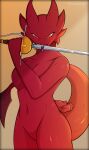  absurd_res anthro breasts dragon female forked_tongue hi_res horn licking_sword looking_at_viewer melee_weapon navel novah_ikaro red_body red_eyes red_scales ring scales shaded solo sword tail tongue viscera_maderi_(character) weapon wingless_dragon 