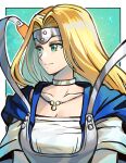  1girl betabetamaru blonde_hair blue_cape breasts cape circlet cleavage collar commentary_request dragon_quest dragon_quest_vi green_background green_eyes highres large_breasts long_hair looking_to_the_side mireyu smile solo upper_body 