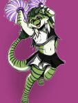  3:4 bottomwear cheerleader cheerleader_outfit clothing dragon fur green_body green_fur green_hair green_scales hair hi_res jumping kvnpoulsen scales skirt solo tail 