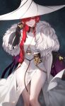  1girl blush breasts claws dress earrings fate/grand_order fate_(series) feather_boa hat highres jewelry long_hair long_sleeves looking_at_viewer medium_breasts miss_crane_(fate) puffy_sleeves red_eyes red_hair shinsaku_(stan-art) smile solo thighs white_dress white_headwear witch_hat 