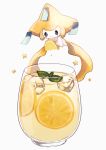  :3 artist_name blue_eyes closed_mouth commentary_request cup food fruit highres holding holding_food ice ice_cube jirachi leaf lemon lemon_slice lemonade no_humans pokemon pokemon_(creature) simple_background smile star_(symbol) su_(sajo_su5) white_background 