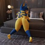  3d_(artwork) absurd_res animal_crossing ankha_(animal_crossing) anthro bed blender_(software) blue_body blue_fur blue_hair clothing digital_media_(artwork) felid feline female fur furniture hair hi_res humanoid justsomeguy legwear looking_at_viewer mammal nintendo solo yellow_body yellow_fur 