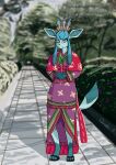  3_toes 4_fingers absurd_res anthro asian_clothing blue_body blue_hair blurred_background branch breasts clothing east_asian_clothing eeveelution feet female fingers flower footwear generation_4_pokemon glaceon green_body green_ears green_eyes hair hands_in_front happy headgear headwear hi_res japanese_clothing kimono looking_at_viewer nintendo park plant pokemon pokemon_(species) pokemon_unite quake-1 raised_tail red_cape sandals shrub smile solo standing tail toes tree 