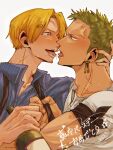  2boys bandana_around_arm blonde_hair blue_shirt blush bottle clothes_pull earrings facial_hair french_kiss green_eyes green_hair hair_over_one_eye holding holding_bottle jewelry kiss male_focus multiple_boys namakemono_hina one_piece roronoa_zoro saliva saliva_trail sanji_(one_piece) shirt short_hair short_sleeves smile striped striped_shirt suspenders sweat tongue tongue_out veins white_background white_shirt wine_bottle yaoi 