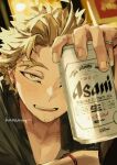  1boy artist_name asahi_breweries beer_can blonde_hair blurry blurry_background blush boku_no_hero_academia bracelet can collarbone commentary drunk earrings facial_hair hand_up hawks_(boku_no_hero_academia) holding holding_can jewelry kadeart looking_at_viewer male_focus open_mouth ring short_hair signature smile solo stubble symbol-only_commentary teeth thick_eyebrows upper_body yellow_eyes 