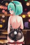 1girl animal_ears ass back black_leotard blurry blurry_background bunny_day cameltoe closed_mouth commentary_request from_behind green_eyes green_hair highres leotard looking_at_viewer looking_back muki_(munikichan) playboy_bunny rabbit_ears rabbit_tail short_hair solo tail touhou wriggle_nightbug 
