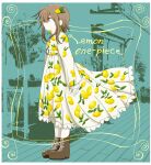 1girl arms_at_sides ashi_izumo boots border brown_eyes brown_footwear dress english_text expressionless food-themed_hair_ornament from_side full_body green_background hair_ornament highres lemon_hair_ornament lemon_print long_dress long_sleeves original photo_background profile short_hair sidelocks solo standing white_border white_dress wind 
