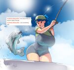  1girl blue_hair blue_sky breasts cloud cloudy_sky cowboy_shot english_text erkaz fish fishing fishing_line fishing_rod green_headwear green_shirt grey_overalls highres holding holding_fishing_rod huge_breasts open_mouth original outdoors overall_shorts overalls ponytail red_eyes rina_atherina shirt short_sleeves sky solo 