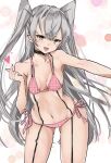  1girl amatsukaze_(kancolle) bikini blush breasts chigasaki_yukari commentary_request grey_hair hair_between_eyes heart highres kantai_collection long_hair looking_at_viewer open_mouth orange_eyes pink_bikini side-tie_bikini_bottom simple_background small_breasts solo swimsuit two_side_up very_long_hair 