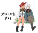  2girls ahoge aqua_eyes asticassia_school_uniform back-seamed_legwear black_footwear black_hairband black_socks boots brown_pantyhose closed_eyes closed_mouth copyright_name front-seamed_legwear full_body green_jacket green_shorts grey_hair gundam gundam_suisei_no_majo hair_between_eyes hairband head_rest high_heel_boots high_heels highres hugging_own_legs jacket kousin leaning_on_person long_hair long_sleeves low_ponytail miorine_rembran multiple_girls pantyhose pantyhose_under_shorts red_hair school_uniform seamed_legwear shorts shoulder_boards signature simple_background sitting smile socks suletta_mercury swept_bangs thick_eyebrows white_background white_jacket white_shorts wide_sleeves 