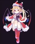  1girl alternate_costume black_bow black_bowtie blonde_hair bow bowtie capelet dark_background finger_to_mouth flandre_scarlet full_body fur-trimmed_capelet fur-trimmed_footwear fur-trimmed_skirt fur_trim hair_bow hat hiyuu_(hiyualice) index_finger_raised long_hair looking_at_viewer multicolored_wings no_nose one_side_up red_capelet red_eyes red_footwear santa_costume santa_hat simple_background skirt solo striped striped_bow striped_bowtie touhou wings wrist_cuffs 