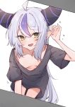  1girl absurdres ahoge airenif blush breasts convenient_censoring demon_girl demon_horns grey_hair hand_on_own_ear highres hololive horns la+_darknesss leaning_forward long_hair looking_at_viewer multicolored_hair naked_shirt open_mouth oversized_clothes oversized_shirt pointy_ears purple_hair shirt short_sleeves sidelocks small_breasts smile solo streaked_hair striped_horns symbol-shaped_pupils very_long_hair virtual_youtuber yellow_eyes 