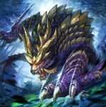  absurdres arm_blade blue_eyes capcom claws eye_trail fangs forest highres horns light_trail magnamalo monster monster_hunter_(series) monster_hunter_rise nasuno_posi nature no_humans purple_scales sharp_teeth tail teeth weapon 