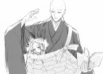  1boy 1other aged_down bald book commentary_request curious greyscale hand_up height_difference highres holding holding_book houseki_no_kuni japanese_clothes kesa kimono kongou_sensei lililin looking_at_another looking_at_viewer looking_down monk monochrome one_eye_closed open_book peeking_out phosphophyllite robe shared_clothes short_hair shy signature simple_background upper_body 