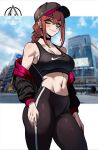  bare_shoulders baseball_cap black_jacket black_leggings black_sports_bra braid braided_ponytail breasts chainsaw_man crop_top dizzle fingernails hat highres jacket jacket_partially_removed jewelry leggings looking_at_viewer makima_(chainsaw_man) midriff navel nike red_hair ring ringed_eyes sports_bra streetwear tight_clothes yellow_eyes 