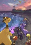  ampharos brown_eyes clothesline corsola creature dusk espeon highres hoppip jumpluff kingdra lapras lighthouse no_humans ocean open_mouth pokemon pokemon_(creature) purple_eyes rock shore shuckle skiploom smile sudowoodo toneko umbreon 