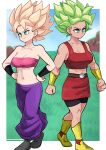  2girls absurdres bare_shoulders belt black_shorts blue_eyes blue_sky boots border breasts caulifla cleavage closed_mouth crop_top dashi_(dashiart) dragon_ball dragon_ball_super earrings full_body grass highres jewelry kale_(dragon_ball) midriff multiple_girls navel pants pink_tube_top purple_pants red_skirt shorts skirt sky smile spiked_hair strapless super_saiyan super_saiyan_1 tube_top white_border 