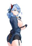  1girl :o ? absurdres ako_(blue_archive) black_garter_belt black_skirt blue_archive blue_eyes blue_hair blue_jacket blush breasts earrings garter_belt gloves half_gloves highres holding holding_clothes holding_notepad holding_shirt holstered jacket jewelry large_breasts looking_at_viewer looking_back nonbire notepad shirt sideboob simple_background skirt solo stud_earrings white_background 